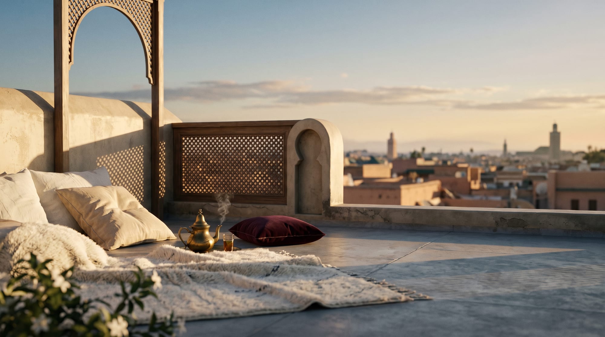 La terrasse de Dar Welyna au crépuscule